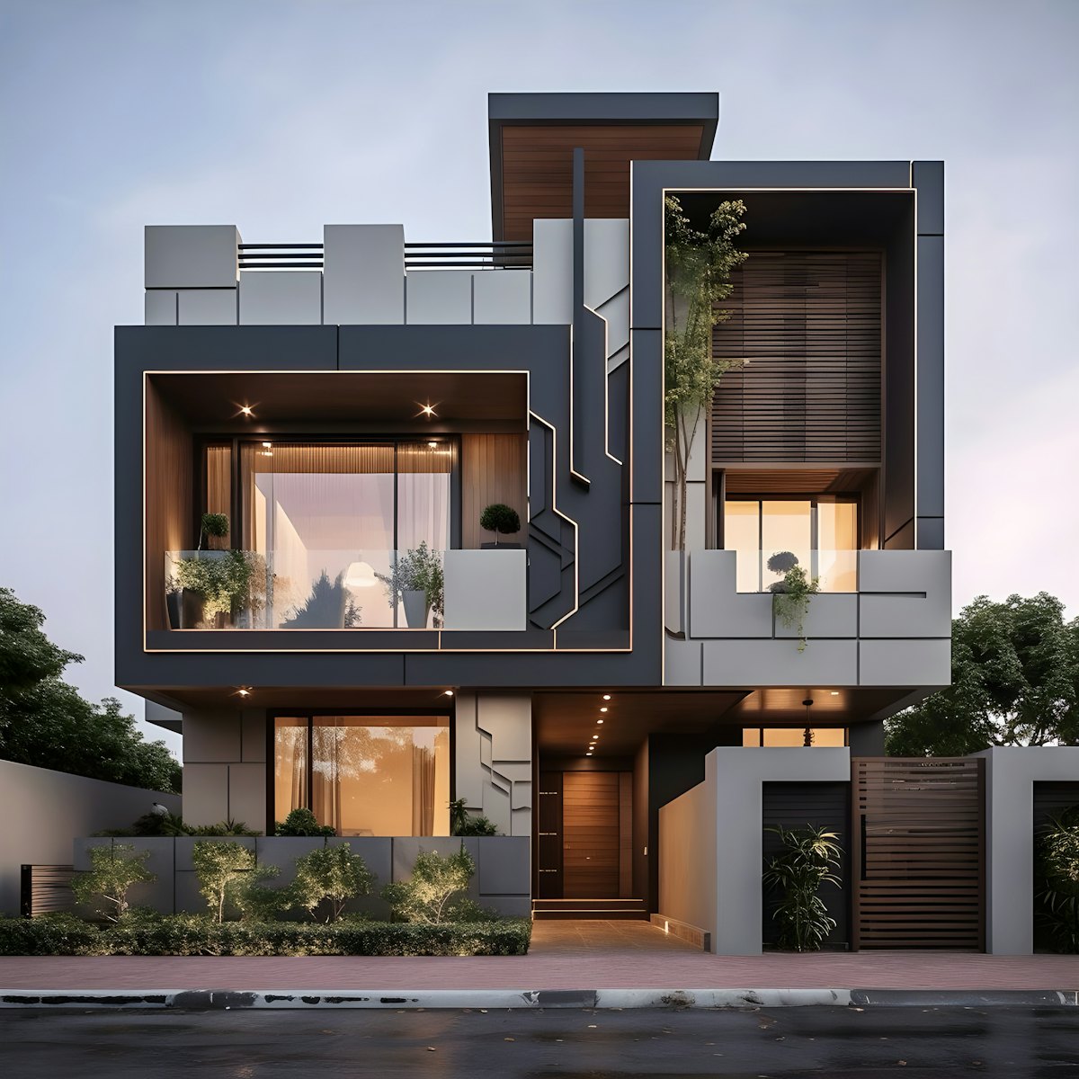 Casa contemporânea ao entardecer